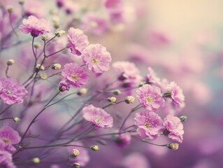 Obraz premium Soft focus close-up of delicate, small pink flowers with thin stems against a dreamy, blurred, pastel background