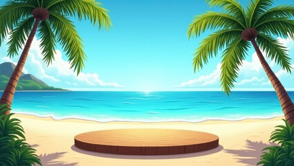Obraz premium A sunny beach scene with a round wooden platform perfect for product placement. Lush palm trees frame the idyllic coastal landscape.