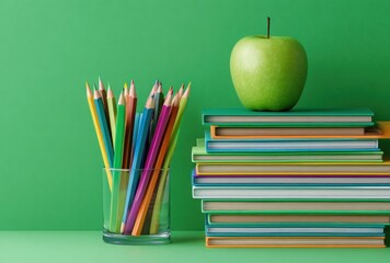 Colorful pencils in a glass, stacked books, and a green apple sit against a matching green background, representing learning