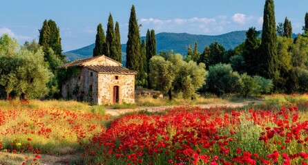 Tuscan vista red poppy field leads to a stone house nestled among cypress trees with distant mountains under a blue sky