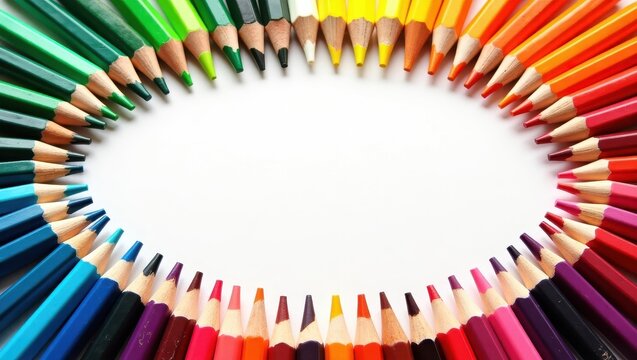 A colorful array of sharpened colored pencils arranged in a circular frame against a plain white background, showcasing a spectrum of vibrant hues.