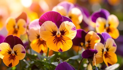 Vibrant pansies in shades of purple and yellow bloom in sunlight