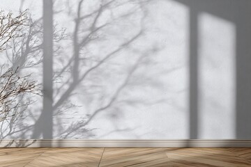 Empty room, pale wall, tree shadow, natural light