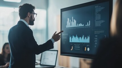 officer presenting quality assurance metrics on a screen during a meeting, minimalist line art, blurred background