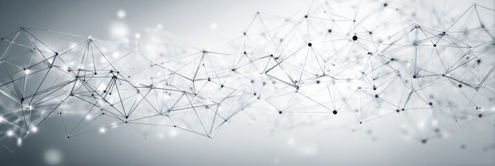 Abstract digital network of connected dots and lines on a blurred gray and white background with soft glowing light particles