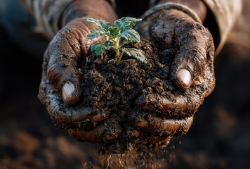Dark-skinned hands cradle rich, dark soil with a tender, bright seedling, lit by golden sun