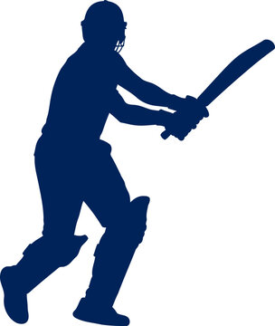 cricket batsman silhouette powerful stance, imminent strike, blue intensity, isolated on transparent background