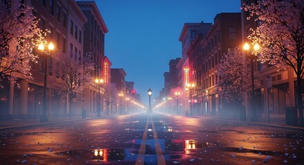 A misty, twilight street scene, showcasing old-fashioned buildings, illuminated by warm streetlights and glowing neon signs.