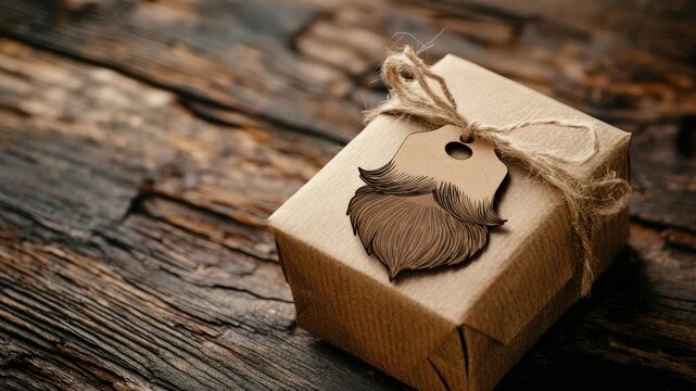 Brown gift box with bearded face tag on rustic wooden surface