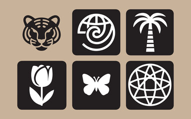 Collection of stylized graphic icons including a tiger globe palm tree tulip and butterfly