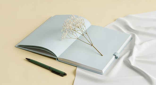 Open light blue notebook with babys breath and a green pen on a beige surface.