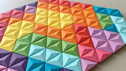 Fototapeta premium Candy-Toned Triangle Mosaic. Bright pastel triangles arranged into a cheerful hexagon mosaic—lighthearted design.