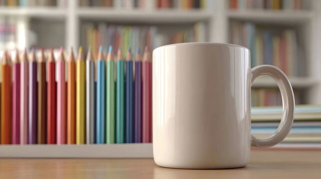Still life of a white mug, blurred colored pencils and books in the background, on a wooden surface