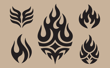 Collection of tribal flame and wing tattoo designs