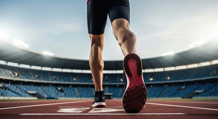 Runner's powerful legs at the starting line of a stadium