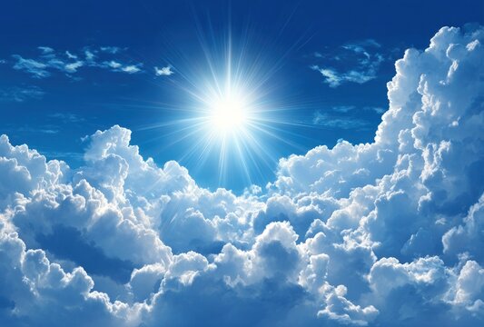 Bright sky view with fluffy, white clouds against a vibrant blue backdrop, with a sunburst shining prominently at the center of the frame