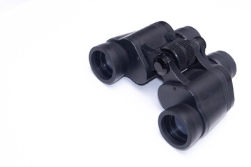 Black Binoculars Isolated on White Background, Optical Instrument for Observation and Exploration.