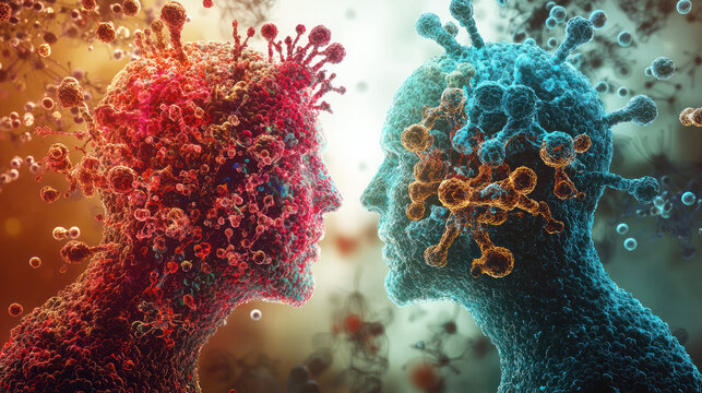 Two human heads with virus-like structures on them, facing each other in a surreal, abstract setting. - Powered by Adobe