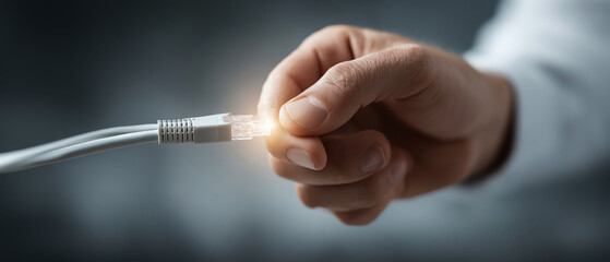 Hand holding ethernet cable connecting network wire technology concept close up soft light professional communication internet