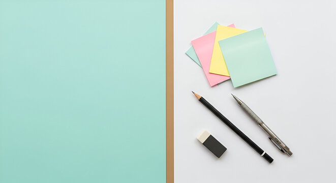 Pastel Sticky Notes with Black Pencil Eraser and Silver Pen on White Surface.