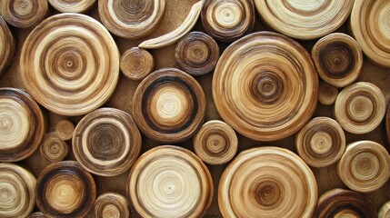 Circular wood slices display concentric rings, creating an abstract natural pattern with varying tones and textures