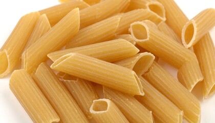 Pile of uncooked penne pasta on white background.