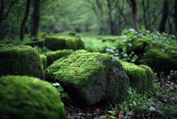 Moss-covered stones dot a woodland floor, creating a tranquil and lush scene. Trees form a canopy, filtering light, with rich green tones