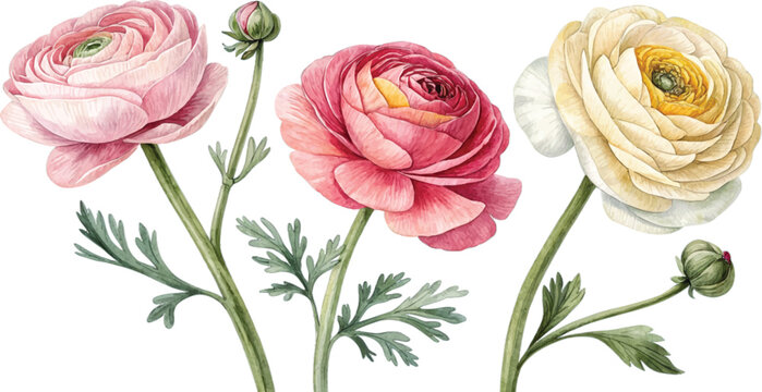Watercolor Ranunculus Flowers