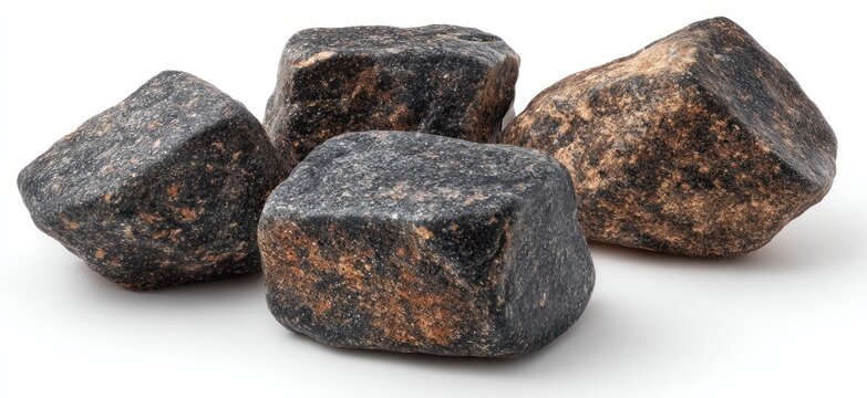 Four dark-grey, angular stones clumped together on a white surface, casting a subtle shadow below them