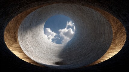 View up from within a deep, rough-walled, round, stone shaft; blue sky & fluffy white clouds above