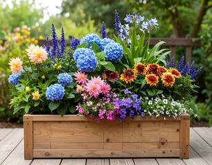 Obraz premium A vibrant wooden planter overflowing with a colorful array of flowers, featuring hydrangeas, dahlias, and sunflowers, creating a joyful and inviting outdoor display.