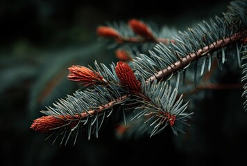 Close-up of a blue spruce branch with budding tips in shades of red. The background is dark and blurred