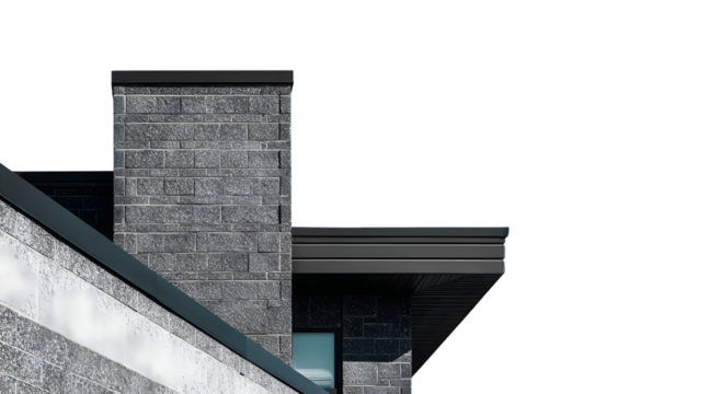 A modern stone edifice, featuring a tall, dark gray chimney and a low-pitched roofline, presents a striking architectural composition against a dark background.