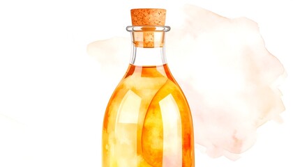 Glass bottle with golden liquid, watercolor style