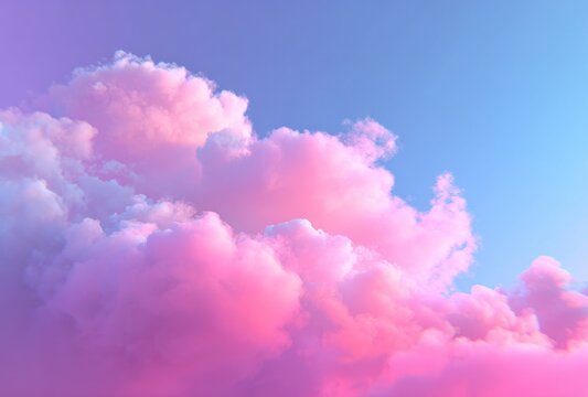 Fluffy, pink and purple clouds against a clear blue sky, a serene, dreamy scene evoking feelings of peace and gentle warmth - Powered by Adobe
