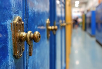Close-up on a row of aged, bright-blue lockers with ornate brass handles leading into an out-of-focus colorful hallway