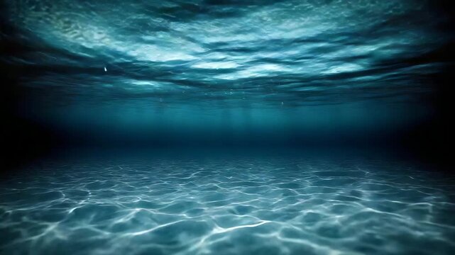 Conceptual underwater background of the deep blue ocean with sunlight rays and caustics