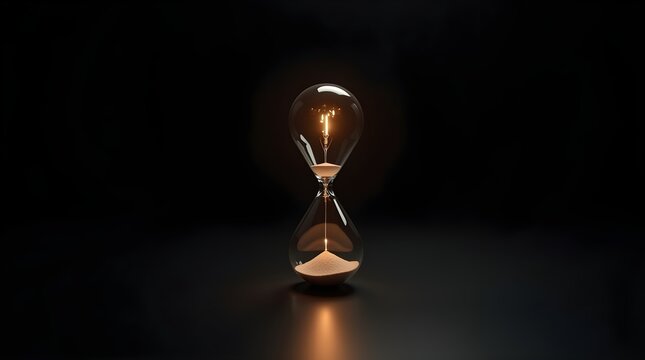 An incandescent idea within a sandglass, illustrating the concept of time, innovation, and deadlines