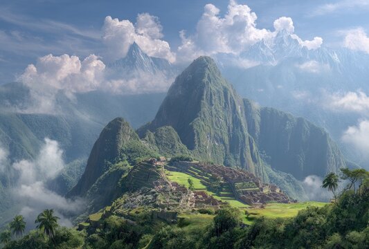 Aerial view of ancient ruins nestled between lush green mountains and snow-capped peaks under a cloudy sky