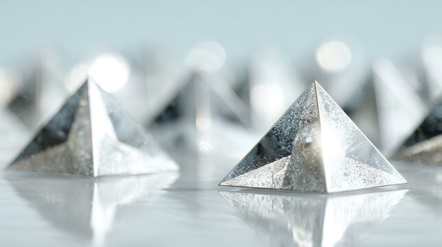 Silver pyramids sit on a reflective surface, out of focus in the background, with cool lighting - Powered by Adobe