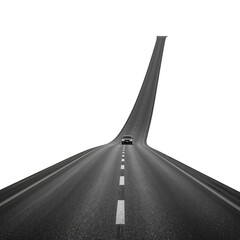 Highway rising upwards into the unknown against a stark black backdrop for a surreal driving