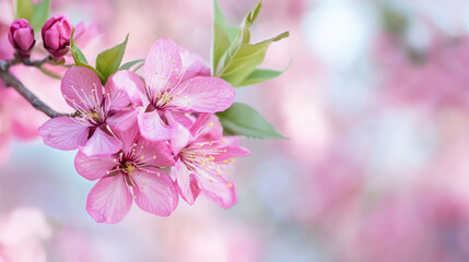 Fototapeta premium A pink cherry blossom branch with green leaves against a blurred pink background.