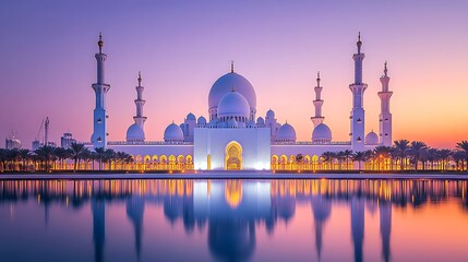 Fototapeta premium Sheikh Zayed Mosque Exterior, White Building with Towers & Reflecting Pool, Sunset Sky