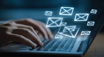 Hands typing on laptop with glowing envelope icons floating above, representing digital communication and online messaging in a soft, blurred blue