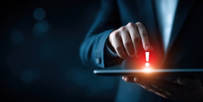 Person in suit holding tablet with illuminated red exclamation mark. Warning, error, attention concepts visualized