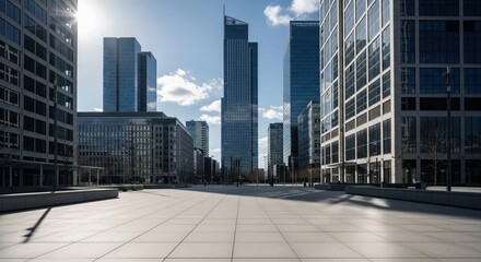 Fototapeta premium Urban cityscape, modern architecture, sunny day, empty plaza. Open space between skyscrapers, a clear, bright day