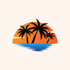 Sunset Sea View Beach Logo Design Summer Vacation Place
