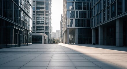 Obraz premium Urban plaza between modern high-rise buildings, bathed in morning sunlight. Empty pavement, commercial spaces, and glass facades define the scene