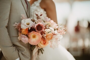 Close-up of a bride holding a bouquet with a groom in a suit, wedding dress partly visible. Bokeh background