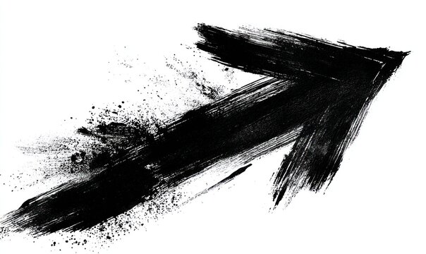 An upward-pointing arrow created using thick brushstrokes and black paint, fading into scattered specks on white